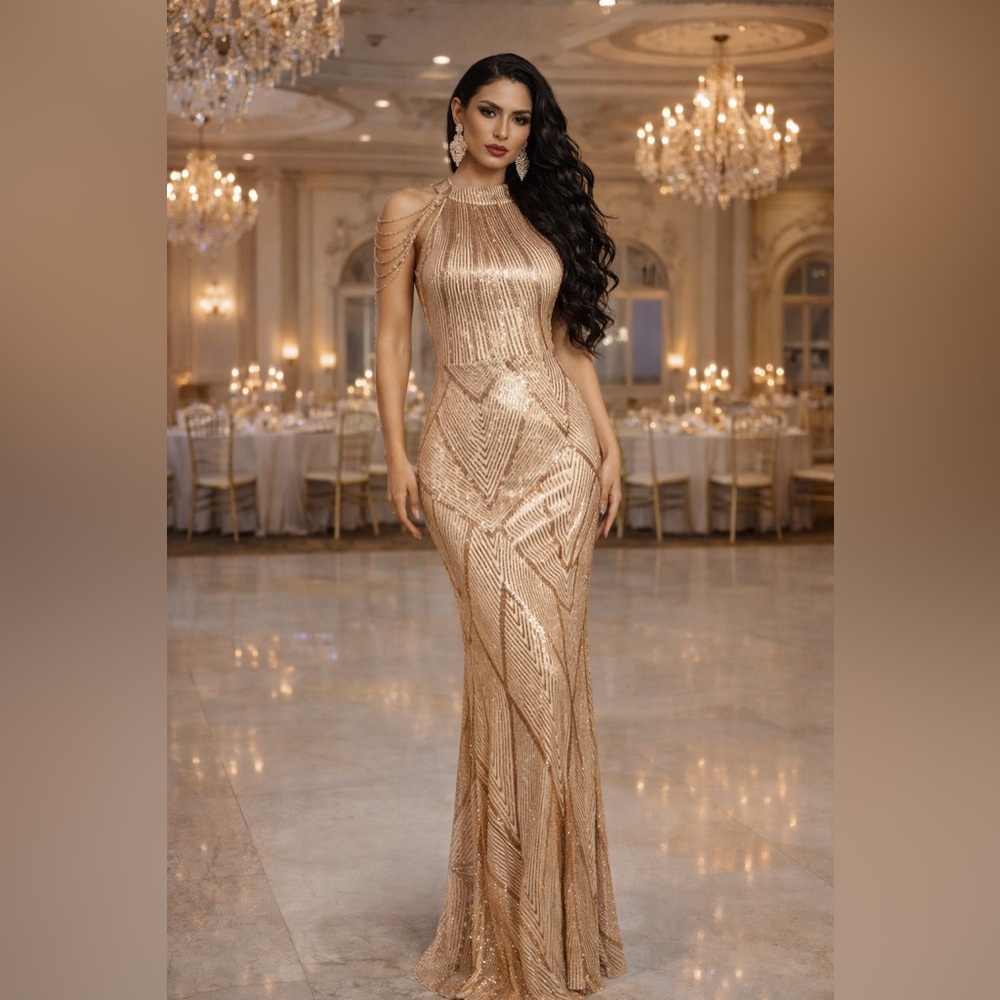 Gold Sequin Halter Gown Small Beaded Art Deco Formal Evening Dress Prom Military
